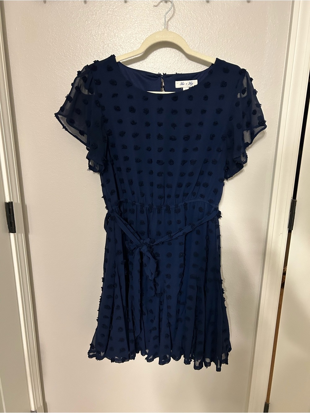 She + Sky Navy Dot Flutter Sleeve Dress